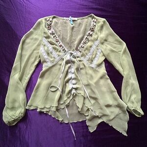 Vintage Sugar Lips Green V-Neck See Through Blouse